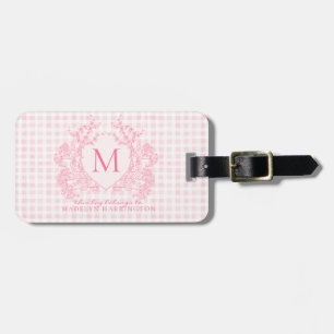 Blush Pink Gingham Floral Crest Monogram Luggage Tag