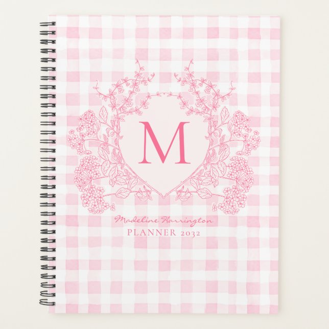 Blush Pink Gingham Floral Crest Monogram Planner (Front)