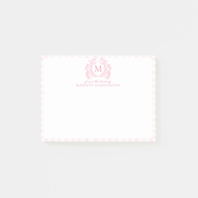 Blush Pink Gingham Floral Crest Monogram Post-it Notes (Front)