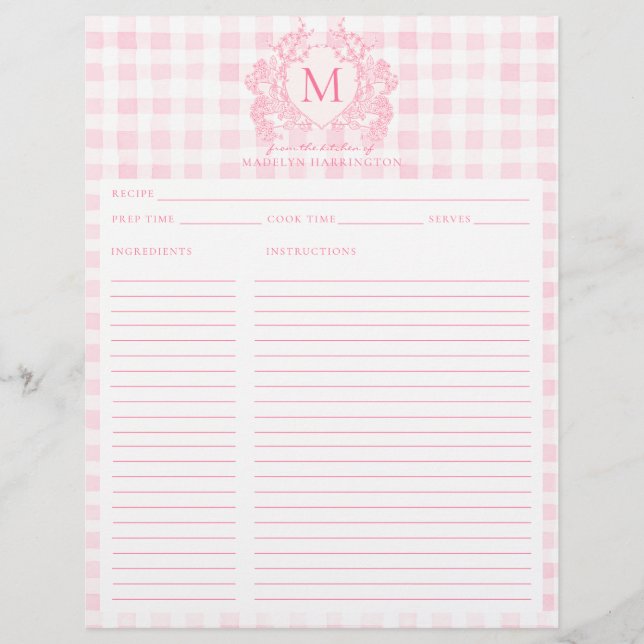 Blush Pink Gingham Floral Crest Monogram Recipe (Front)