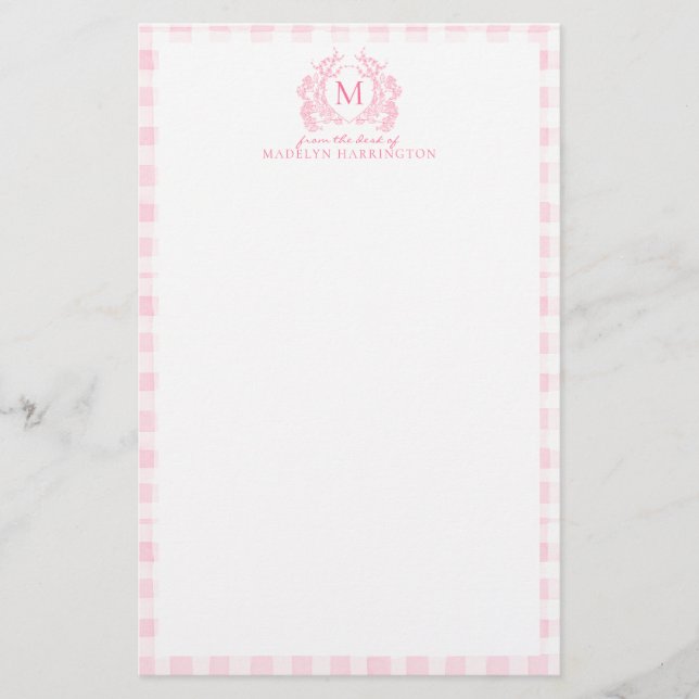 Blush Pink Gingham Floral Crest Monogram Stationery (Front)