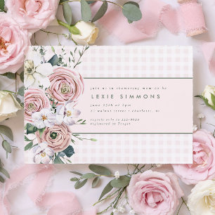 Blush Pink Gingham Flower Garden Baby Girl Shower Invitation