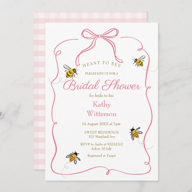Blush Pink Gingham Meant To Bee Bridal Shower  Invitation (Front/Back)
