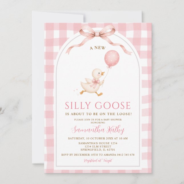 Blush Pink Gingham New Silly Goose Bow Baby Shower Invitation (Front)