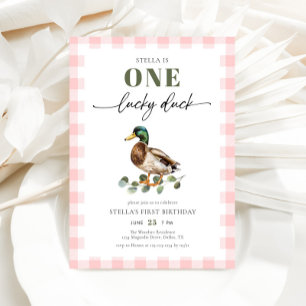 Blush Pink Gingham One Lucky Duck 1st Birthday Invitation