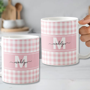 Blush Pink Gingham Plaid Monogram Coffee Mug