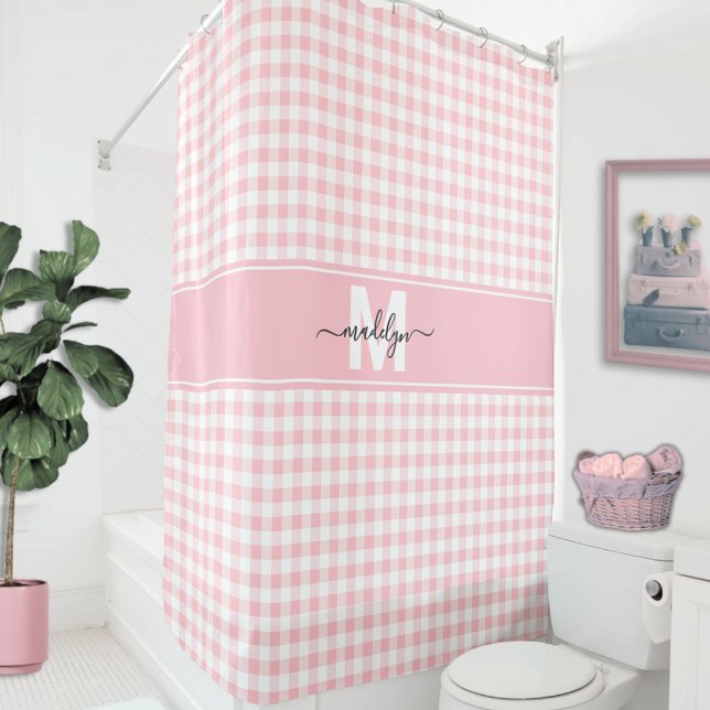 Blush Pink Gingham Plaid Monogram Shower Curtain (Blush Pink Gingham Plaid Monogram Shower Curtain )