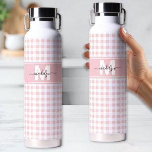 Blush Pink Gingham Plaid Monogram Water Bottle