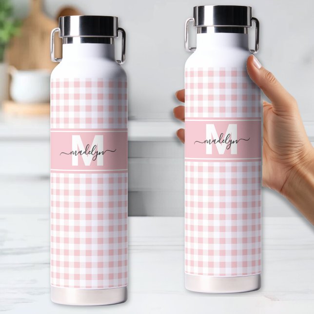 Blush Pink Gingham Plaid Monogram Water Bottle (Blush Pink Gingham Plaid Monogram Water Bottle)