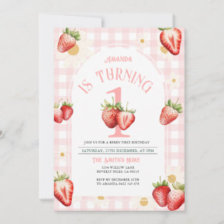 Blush Pink Gingham Strawberry Daisy Birthday Invitation