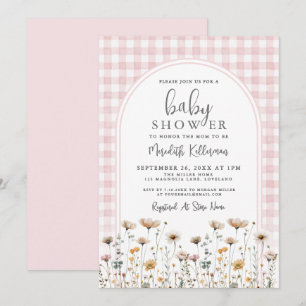 Blush Pink Gingham Wildflower Baby Shower Invitation