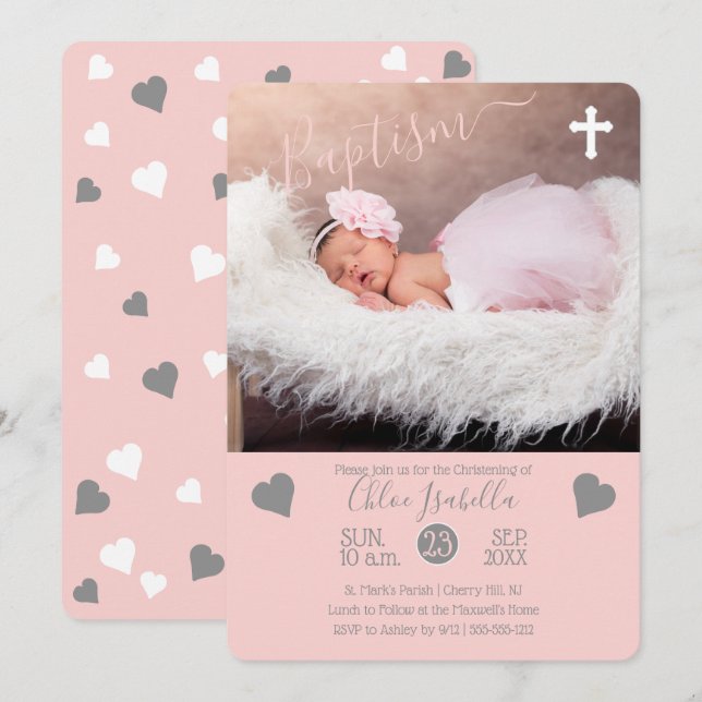 Blush Pink Girl Hearts Christening Baptism Photo Invitation (Front/Back)