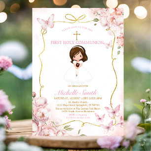 Blush Pink Girl Holding Bible First Holy Communion Invitation