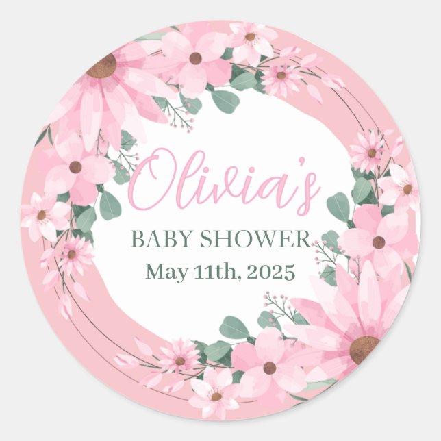 Blush Pink Girl in bloom Baby Shower Classic Round Sticker (Front)