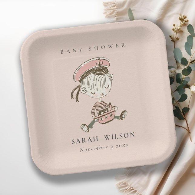 Blush Pink Girl Little Sailor Nautical Baby Shower Paper Plate (Creator Uploaded)