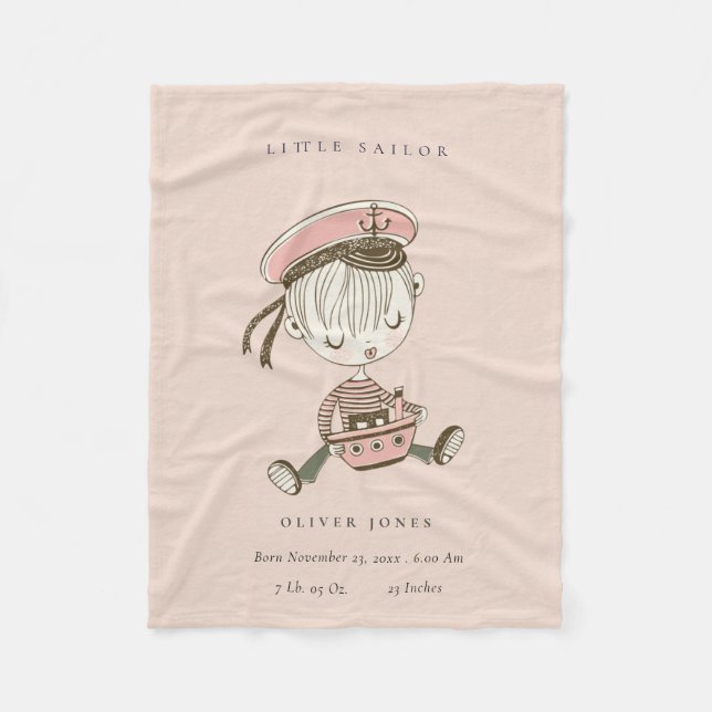 Blush Pink Girl Little Sailor Nautical Birth Stat Fleece Blanket (Front)