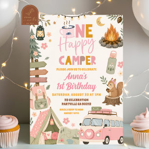 Blush Pink Girl One Happy Camper Birthday Invitation