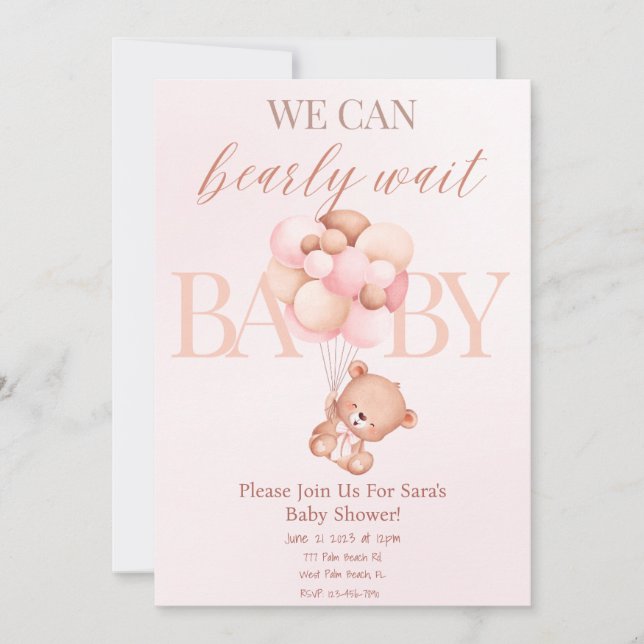 Blush Pink Girl We Can Bearly Wait Baby Shower Invitation (Front)