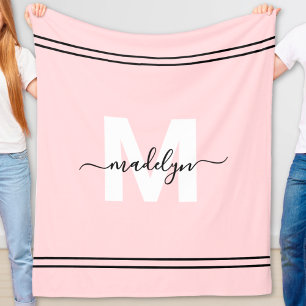 Blush Pink Girly Name Monogram Fleece Blanket