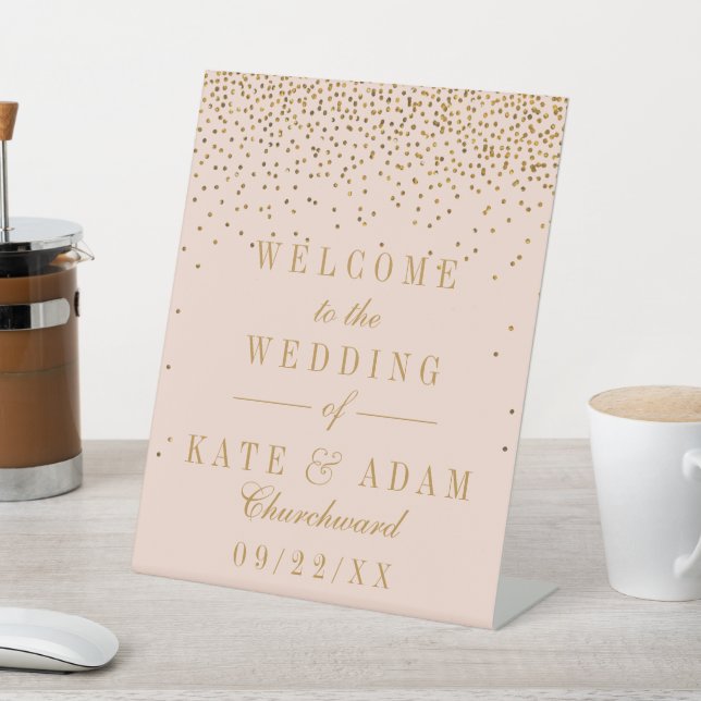 Blush Pink & Glam Gold Confetti Wedding Welcome Pedestal Sign (In SItu)