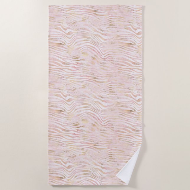 Blush Pink Glam Gold Zebra Print Beach Towel (Front)