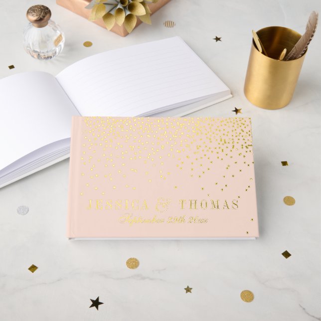 Blush Pink & Glam Rose Gold Confetti Wedding Guest Book (Front Open)
