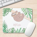 Blush Pink Glitter Cute Jungle Animal Name Mouse Pad<br><div class="desc">Do you love sloths too?
This cute and fun mouse pad is decorated with a rose gold glitter smiling sloth hanging from a branch surrounded by green watercolor jungle leaves.
Customize it by changing the name.
Original Watercolor © Michele Davies</div>