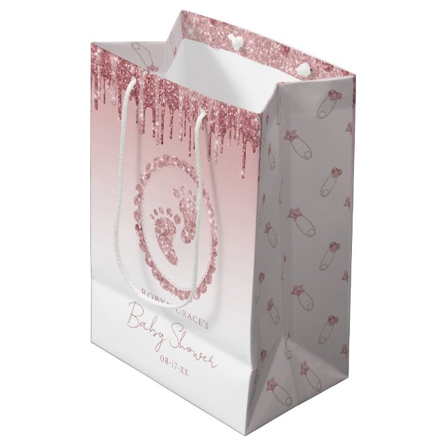 Blush Pink Glitter Drip Baby Shower Gift Bag  (Front Angled)