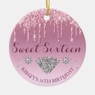 Blush Pink Glitter Drip Diamond Sweet Sixteen Ceramic Tree Decoration