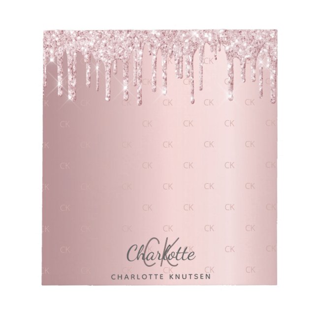 Blush pink glitter drip monogram initials notepad (Front)