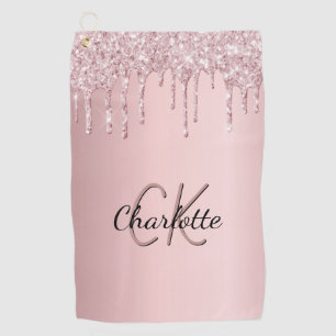 Blush pink glitter drips custom monogram name golf towel