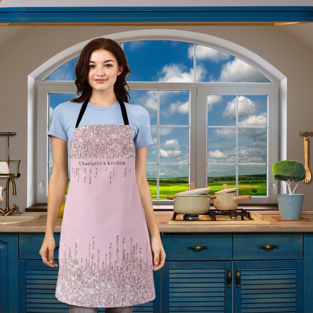 Blush pink glitter drips girly modern text apron (Creator Uploaded)