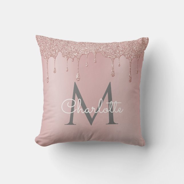 Blush Pink Glitter Drips Monogram Elegant Script Cushion (Front)