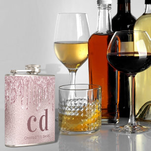 Blush pink glitter drips monogram name hip flask