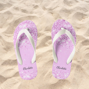 Blush pink glitter drips name girl kid's jandals