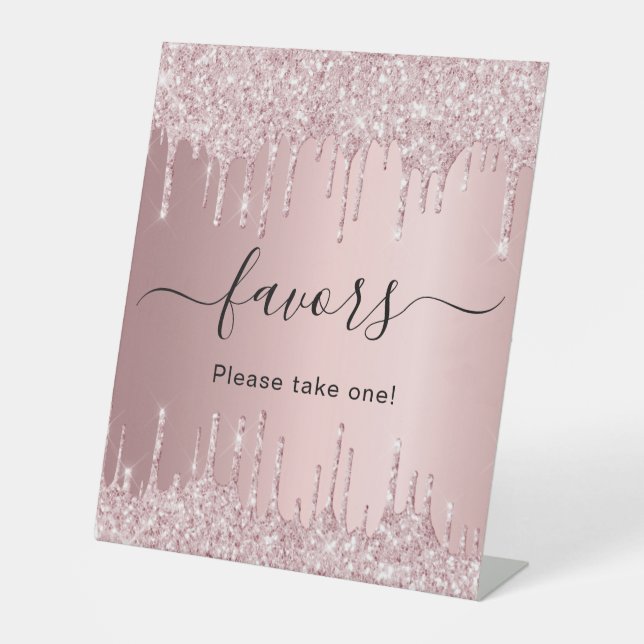 Blush pink glitter drips party favours pedestal sign (Front)