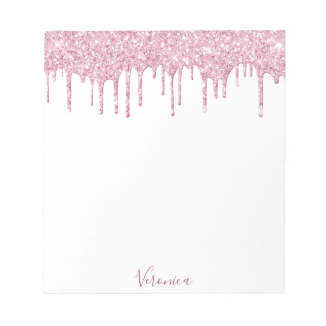 Blush pink glitter drips white name notepad (Front)