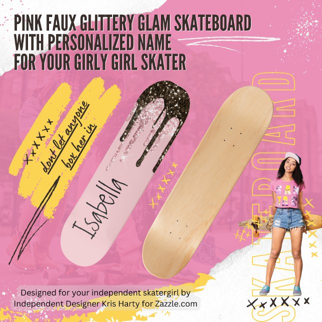 Blush Pink Glitter Girly Sparkle Personalised Name Skateboard (Girl power for your authentic skatergirl with this personalized pink skateboard with faux glitter.)