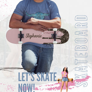 Blush Pink Glitter Girly Sparkle Personalised Name Skateboard
