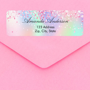 Blush pink glitter holographic return address