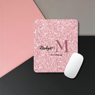 Blush Pink glitter Monogram hair and makeup Mouse Pad
