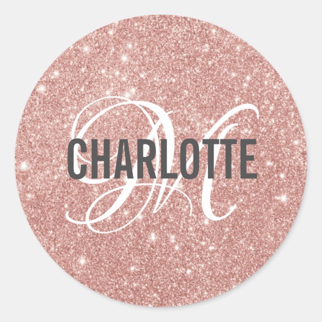  Blush pink glitter monogram name Classic Round Sticker (Front)