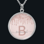 Blush pink glitter monogram rose gold elegant sterling silver necklace<br><div class="desc">Girly, trendy and monogrammed. A feminine blush pink background decorated with faux rose gold glitter drips. Personalise and add a name and monogram letter. Grey and rose gold coloured letters. The name is written with a modern hand lettered style script with swashes. To keep the swashes only delete the sample...</div>