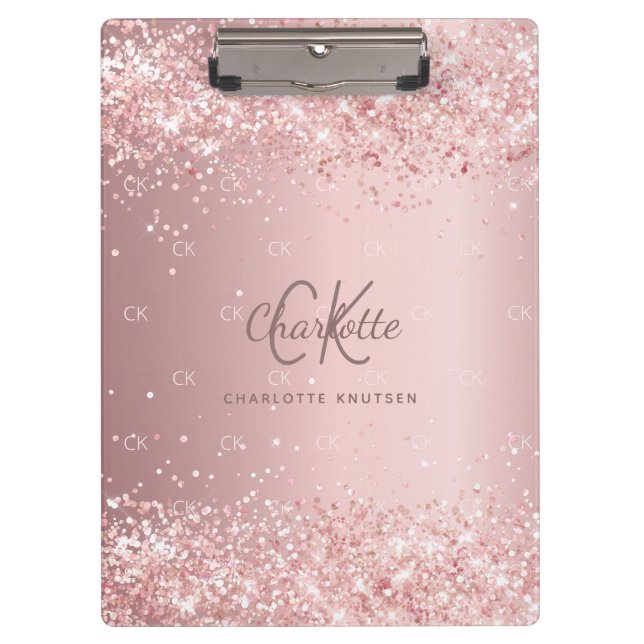 Blush pink glitter monogram script clipboard (Front)