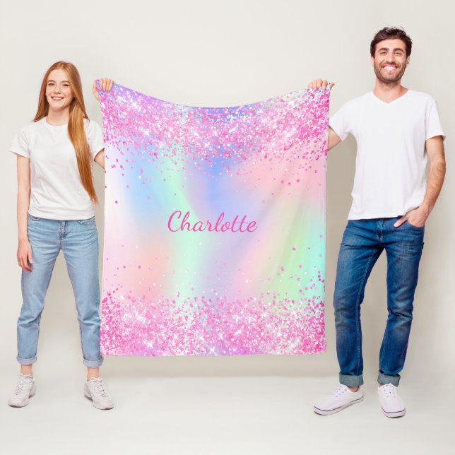 Blush pink glitter name script holographic girl fleece blanket (In Situ)
