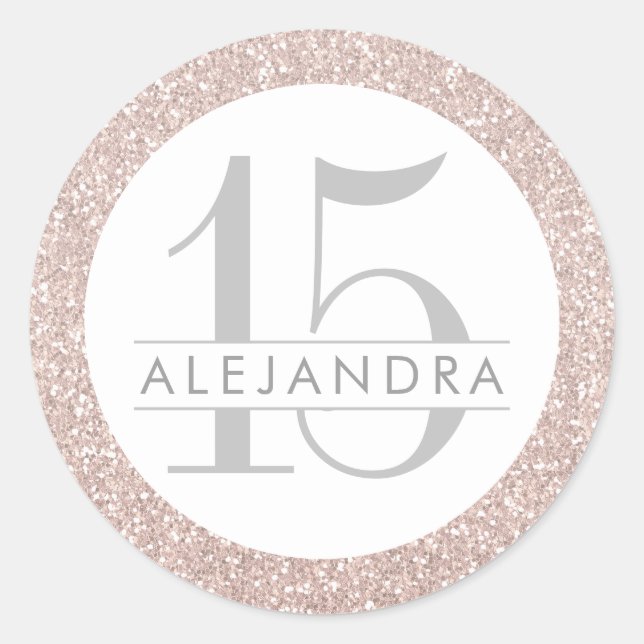 Blush Pink Glitter Quince Años Favour Sticker Labe (Front)