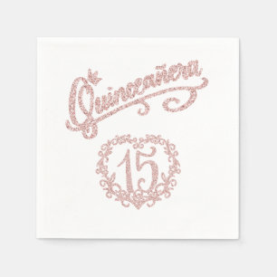 Blush Pink Glitter Quinceañera Crown 15 Heart Napkin