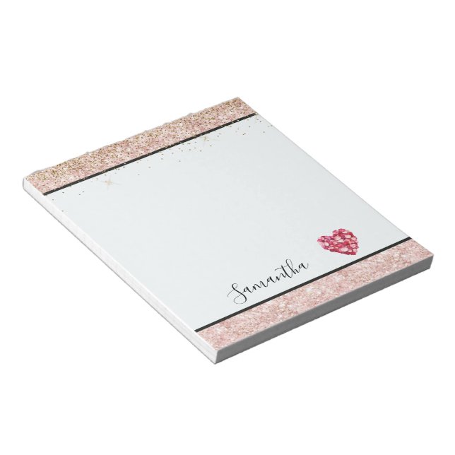  Blush Pink Glitter Red Rose Petals Heart Notepad (Angled)