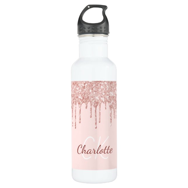 Blush pink glitter rose gold monogram name 710 ml water bottle (Front)