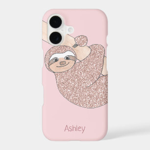 Blush Pink Glitter Sloth Name Monogram Girly